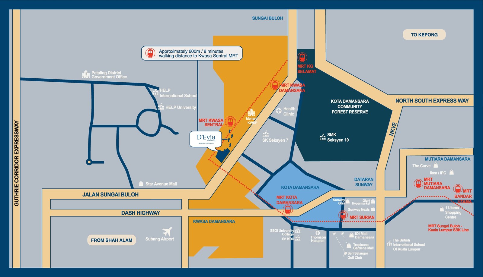 D'Evia Residences location map — MRT Kwasa Sentral and surrounding township