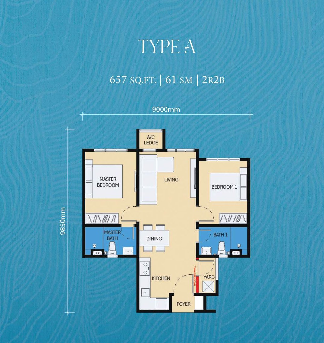 D'Evia Type A floor plan — 657 sq ft, 2 bedrooms 2 bathrooms