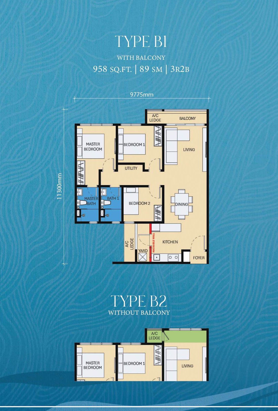 D'Evia Type B1 and B2 floor plan — 958 sq ft, 3 bedrooms 2 bathrooms