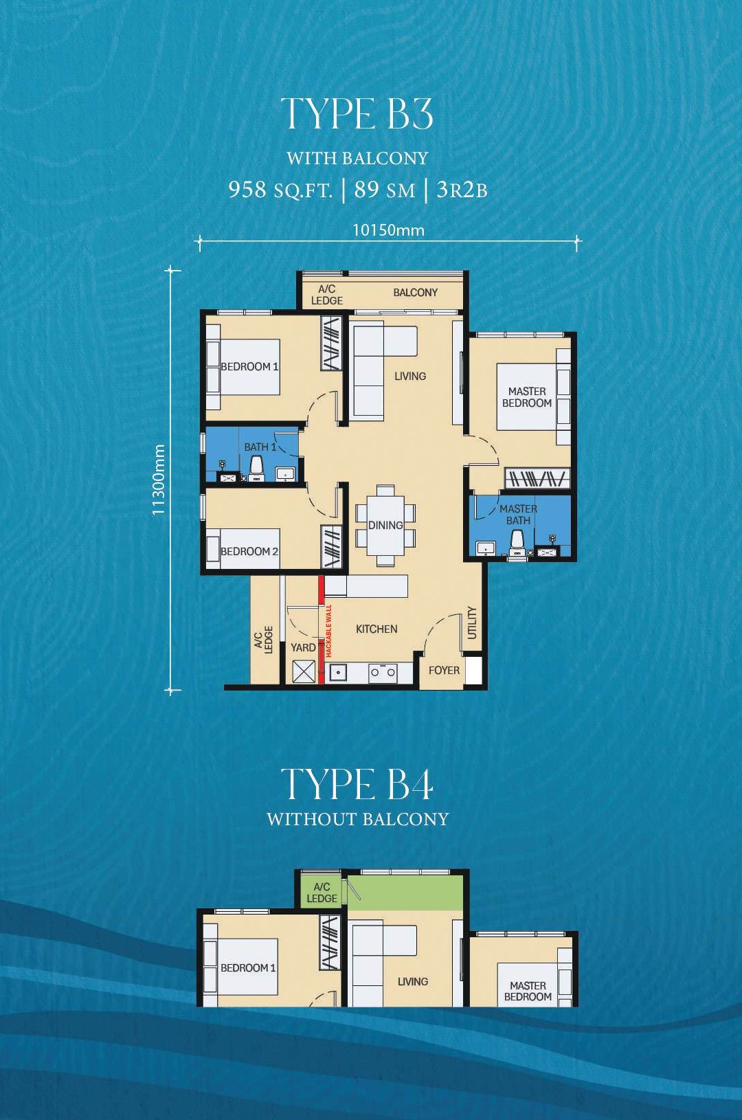D'Evia Type B3 and B4 floor plan — 958 sq ft, 3 bedrooms 2 bathrooms