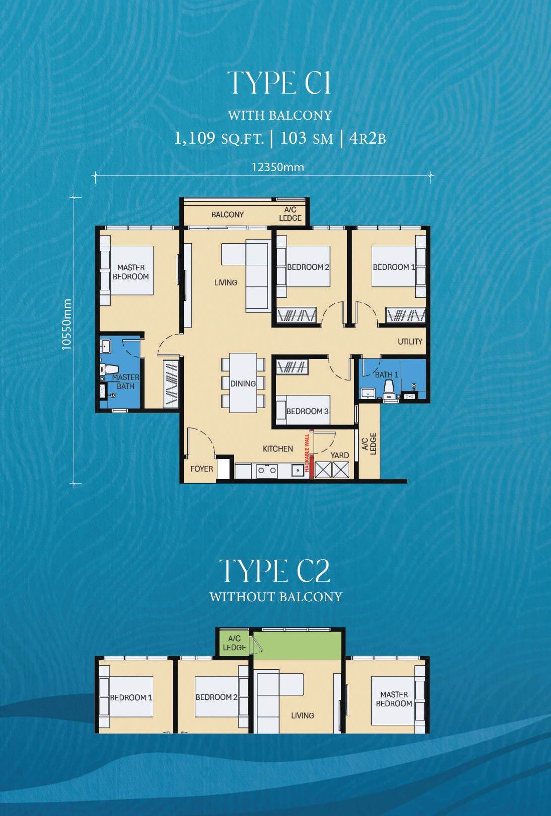 D'Evia Type C1 floor plan — 1,109 sq ft, 4 bedrooms 2 bathrooms